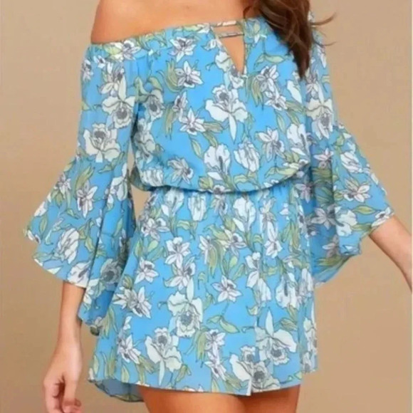 Lulu's Blue Floral Off the Shoulder Romper - Picture 1 of 13